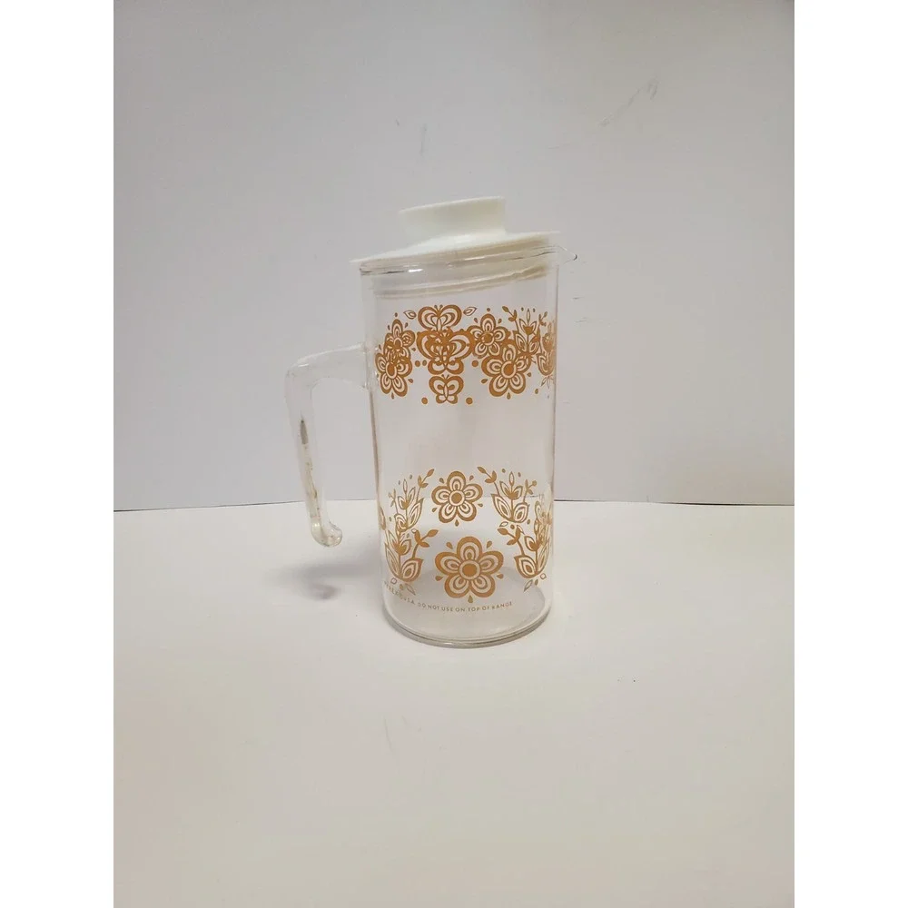Vintage Pyrex Butterfly Flower Gold Glass Pitcher/Carafe Handle Stopper Lid